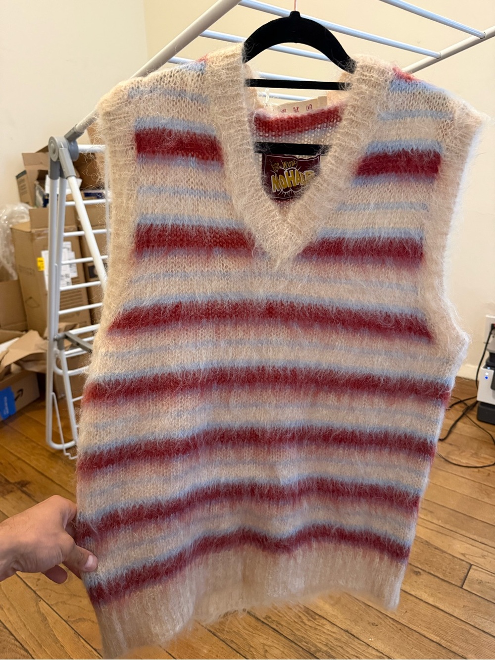 Marni Cream Fuzzy V-Neck Sweater Vest with Red & Light Blue Stripes